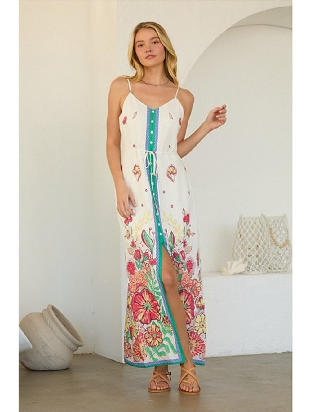 Skies Are Blue Floral V-Neck Sleeveless Button Front Maxi Dress With Front Slit
